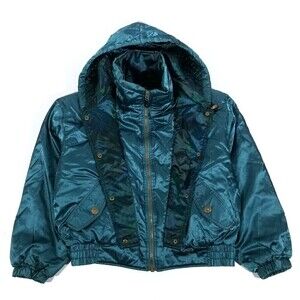 VINTAGE Obermeyer Stardust Blue Teal Satin Winter Hoodie Ski Jacket Gorpcore 10
